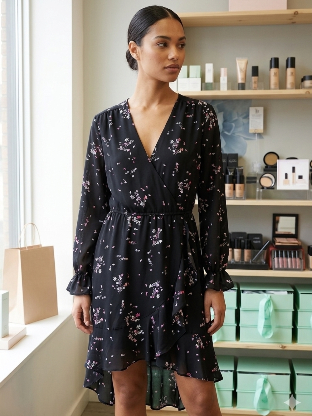 Dynamite Black Floral Wrap Dress with Pink Accents